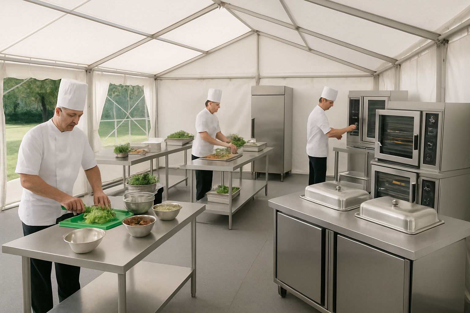 A professional outdoor catering setup inside a white marquee tent with stainless steel prep tables ovens fridges and chefs working in uniform bright natural light clean and organised workspace