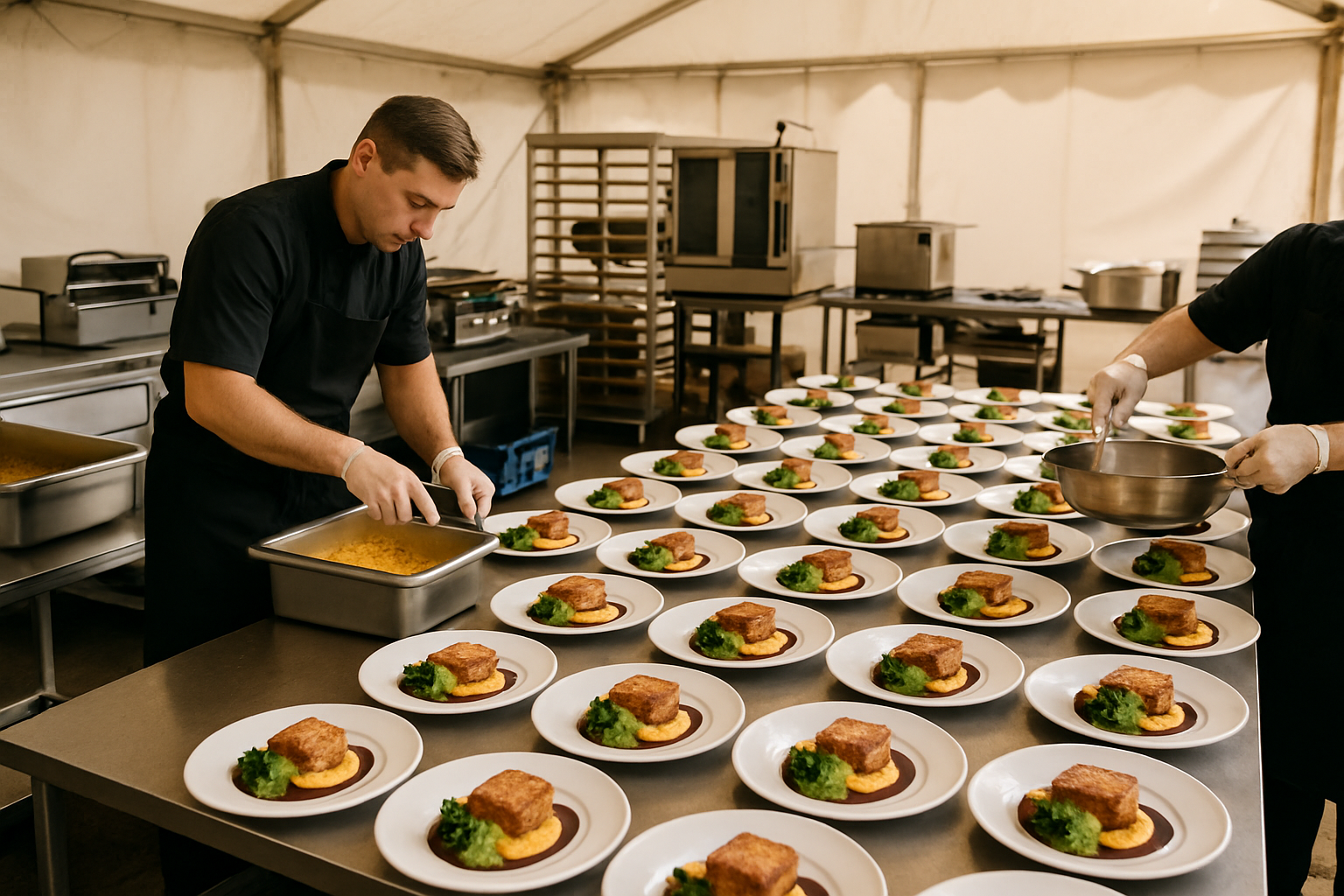 Caterers plating food in a temporary kitchen behind a large event marquee visible catering equipment tidy workspace coordinated team warm and professional tone no text no people