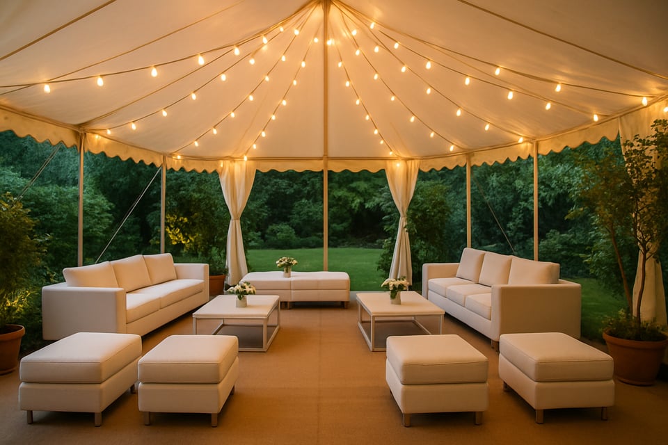 Create a realistic image showing a marquee setup for a garden celebration Include modern white event furniture comfortable seating low lounge tables a