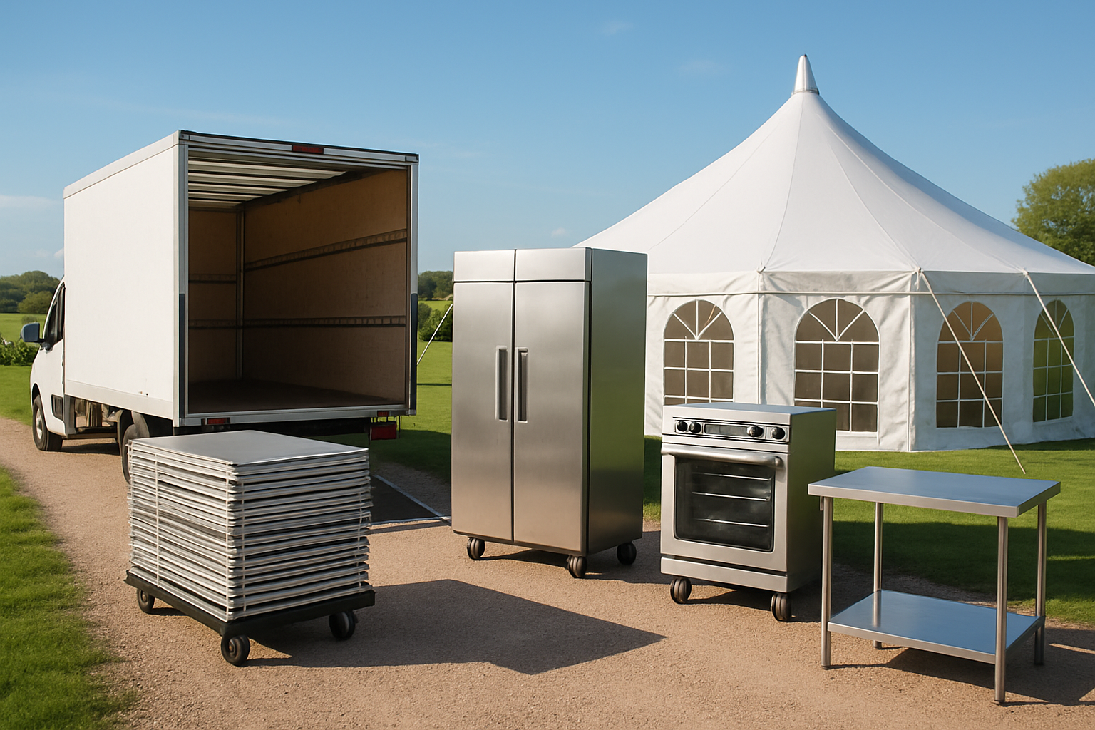 Event crew from a hire company delivering catering equipment  ovens fridges and tables  to a marquee venue in a countryside setting clear sky neat and professional atmosphere no text no people-1