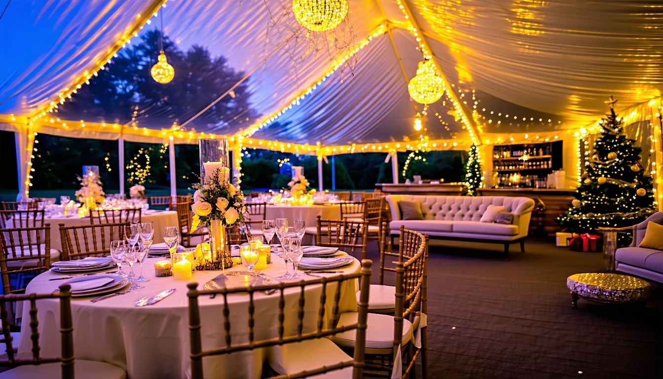 A beautifully decorated Christmas party marquee at