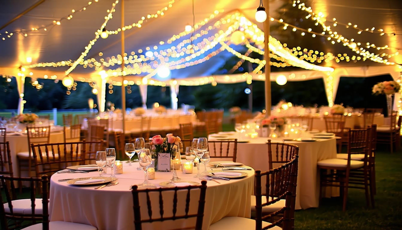 A beautifully lit evening event inside a clearspan