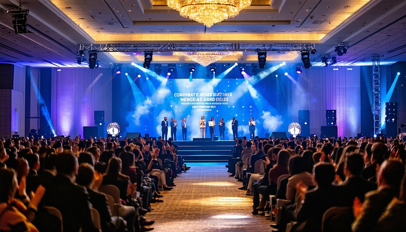 A well-decorated corporate awards ceremony venue w