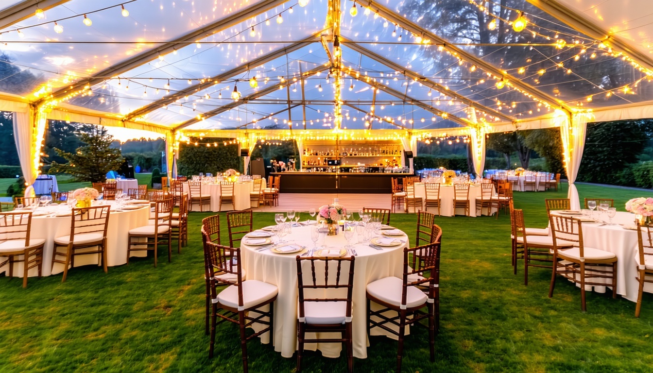 A wide, elegant clearspan marquee set up for an ev